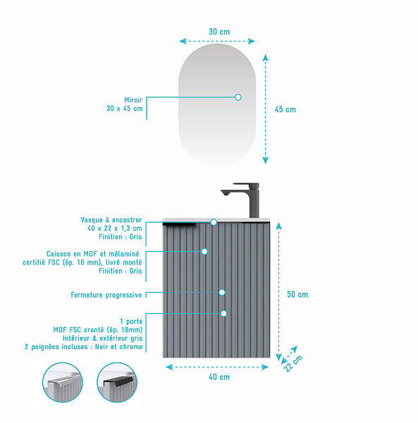 AURLANE - Ensemble meuble lave mains MDF ondulé gris 40x50x22cm et miroir ovale - MILO - large