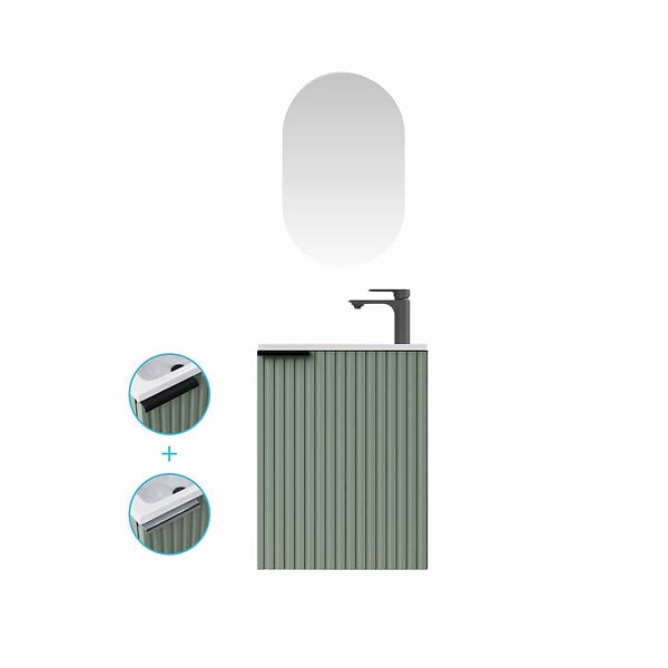 AURLANE - Ensemble meuble lave mains MDF ondulé vert 40x50x22cm et miroir ovale - MILO - large