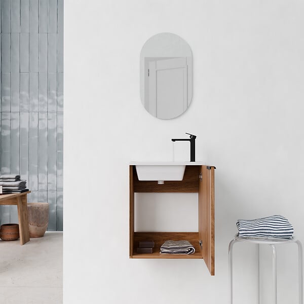 AURLANE - Ensemble meuble lave mains MDF ondulé bois 40x50x22cm et miroir ovale - MILO - large