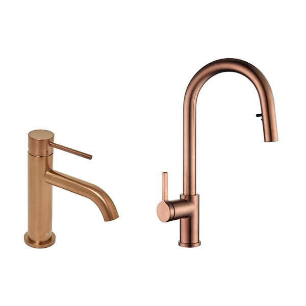 SWISS AQUA TECHNOLOGIES - Aurum set mitigeur lavabo + mitigeur cuisine Ceramia Timeless acier inoxydable, douchette extractible, or rose (SATBA285BRG) - large