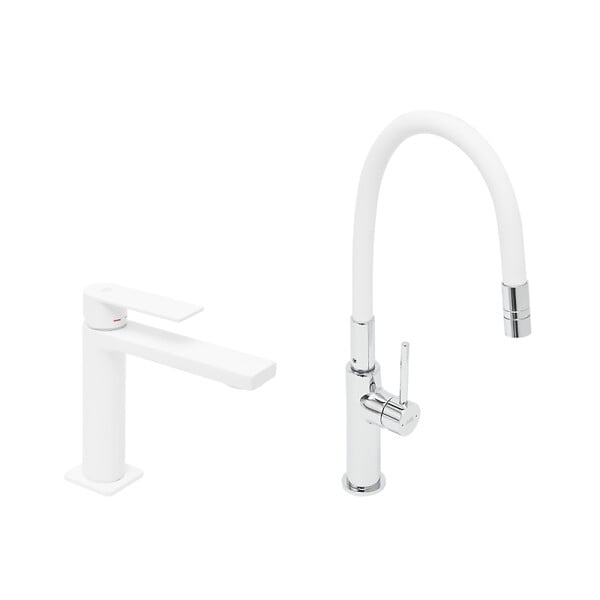 SWISS AQUA TECHNOLOGIES - set mitigeur lavabo à levier sans vidage + mitigeur cuisine bec flexible, aérateur Neoperl®, blanc (SATBSD271B) - large