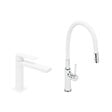 SWISS AQUA TECHNOLOGIES - set mitigeur lavabo à levier sans vidage + mitigeur cuisine bec flexible, aérateur Neoperl®, blanc (SATBSD271B) - vignette