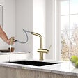 SWISS AQUA TECHNOLOGIES - Aurum set mitigeur lavabo haut + mitigeur cuisine Ceramia Timeless acier inoxydable, douchette extractible, or  (SATBA185BG) - vignette