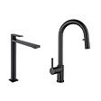 SWISS AQUA TECHNOLOGIES - B-Way set mitigeur lavabo XL + mitigeur cuisine Ceramia Timeless acier inoxydable, douchette extractible, noir (SATTMLBM285BM) - vignette