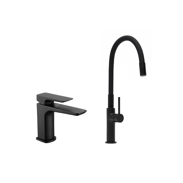 SWISS AQUA TECHNOLOGIES - set mitigeur lavabo sans vidage + mitigeur cuisine, bec flexible, aérateur Neoperl®, noir mat (SATBSBDR271CM) - large