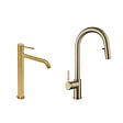 SWISS AQUA TECHNOLOGIES - Aurum set mitigeur lavabo haut inox + mitigeur cuisine Ceramia Timeless acier inoxydable, douchette extractible (SATBA285BG) - vignette
