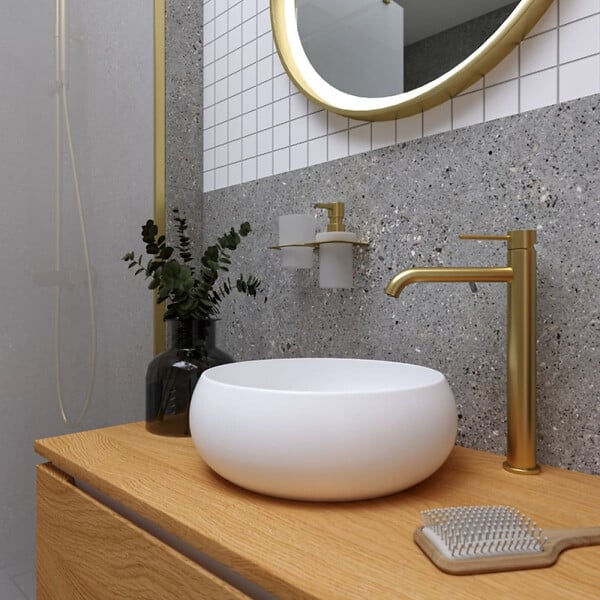 SWISS AQUA TECHNOLOGIES - Aurum set mitigeur lavabo haut inox + mitigeur cuisine Ceramia Timeless acier inoxydable, douchette extractible (SATBA285BG) - large