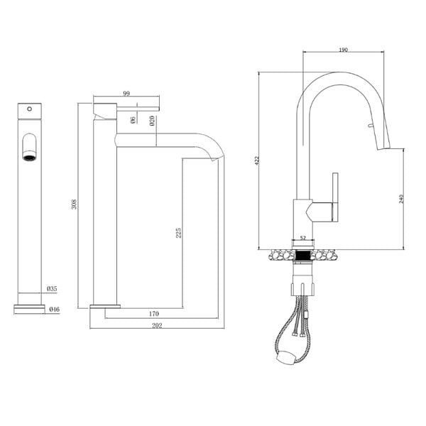 SWISS AQUA TECHNOLOGIES - Aurum set mitigeur lavabo haut inox + mitigeur cuisine Ceramia Timeless acier inoxydable, douchette extractible (SATBA285BG) - large
