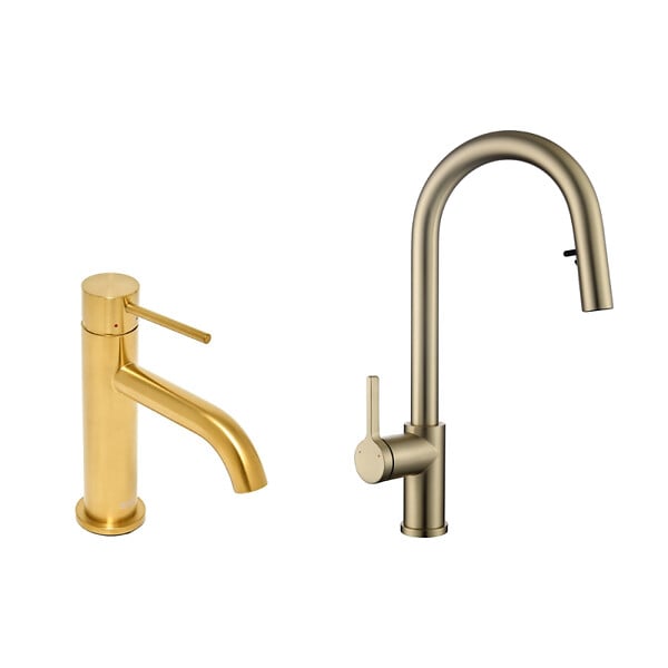 SWISS AQUA TECHNOLOGIES - Aurum set mitigeur lavabo + mitigeur cuisine Ceramia Timeless acier inoxydable, douchette extractible, or brossé (SATTMLBA285BG) - large