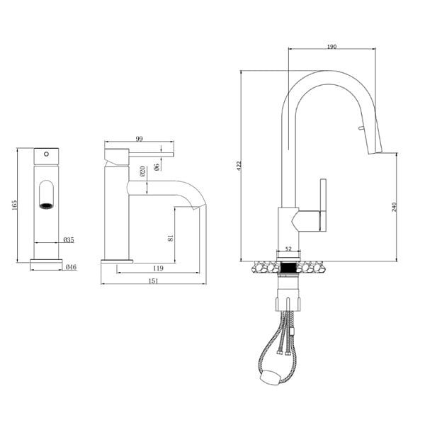 SWISS AQUA TECHNOLOGIES - Aurum set mitigeur lavabo + mitigeur cuisine Ceramia Timeless acier inoxydable, douchette extractible, or brossé (SATTMLBA285BG) - large