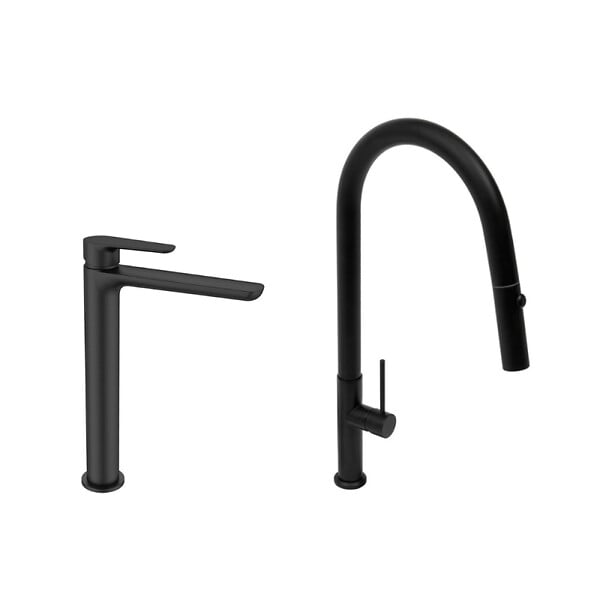 SWISS AQUA TECHNOLOGIES - set mitigeur lavabo XL + mitigeur monocommande de cuisine avec douchette extractible 2 jets, noir mat (SATBSM288C) - large