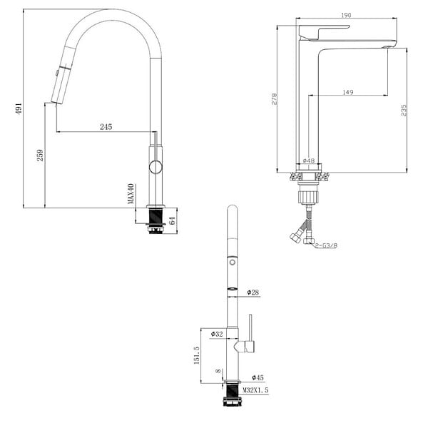 SWISS AQUA TECHNOLOGIES - set mitigeur lavabo XL + mitigeur monocommande de cuisine avec douchette extractible 2 jets, noir mat (SATBSM288C) - large