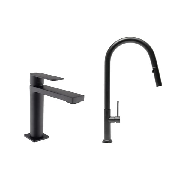 SWISS AQUA TECHNOLOGIES - Set mitigeur lavabo + mitigeur monocommande cuisine avec douchette extractible 2 jets, noir mat (SATBSBW288C) - large