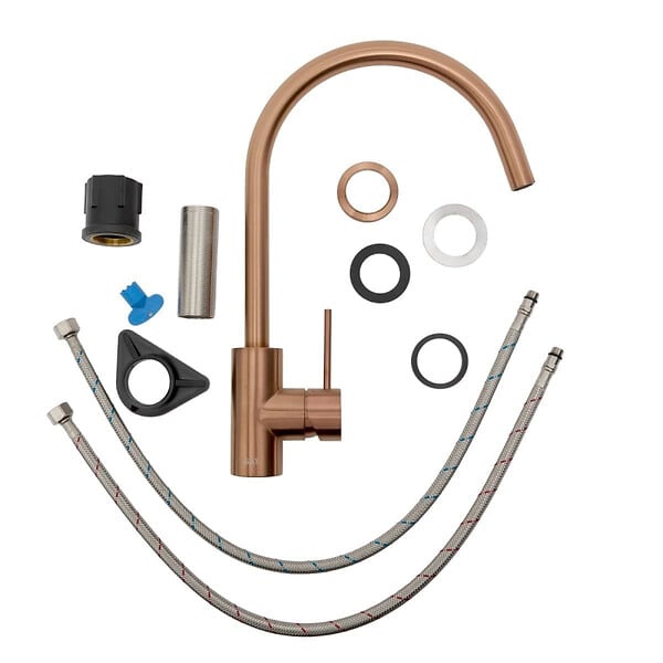 SWISS AQUA TECHNOLOGIES - Aurum set mitigeur lavabo haut acier inoxydable + mitigeur cuisine avec bras pivotant, or rose (SATBR2805BRG) - large