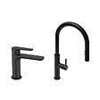SWISS AQUA TECHNOLOGIES - Swiss Aqua Technologies set mitigeur lavabo à levier sans tirette + mitigeur cuisine avec douchette extractible 2 jets, noir mat (SATBSD2OD271C) - vignette