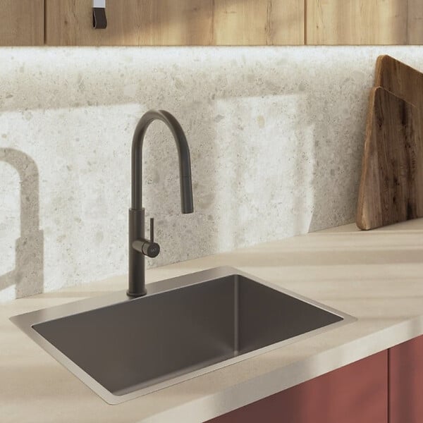 SWISS AQUA TECHNOLOGIES - Swiss Aqua Technologies set mitigeur lavabo à levier sans tirette + mitigeur cuisine avec douchette extractible 2 jets, noir mat (SATBSD2OD271C) - large