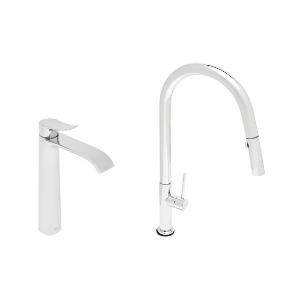 SWISS AQUA TECHNOLOGIES - set mitigeur lavabo haut + mitigeur cuisine avec douchette extractible et bras pivotant, chrome (SATINFBSD285) - large