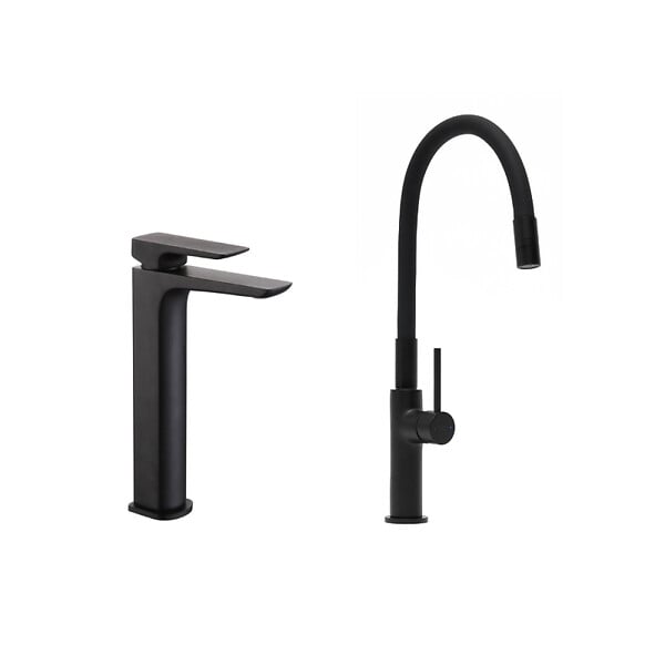 SWISS AQUA TECHNOLOGIES - set mitigeur lavabo haut + mitigeur cuisine, bec flexible, aérateur Neoperl®, noir mat (SATBS285C) - large
