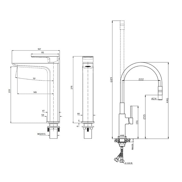 SWISS AQUA TECHNOLOGIES - set mitigeur lavabo haut + mitigeur cuisine, bec flexible, aérateur Neoperl®, noir mat (SATBS285C) - large