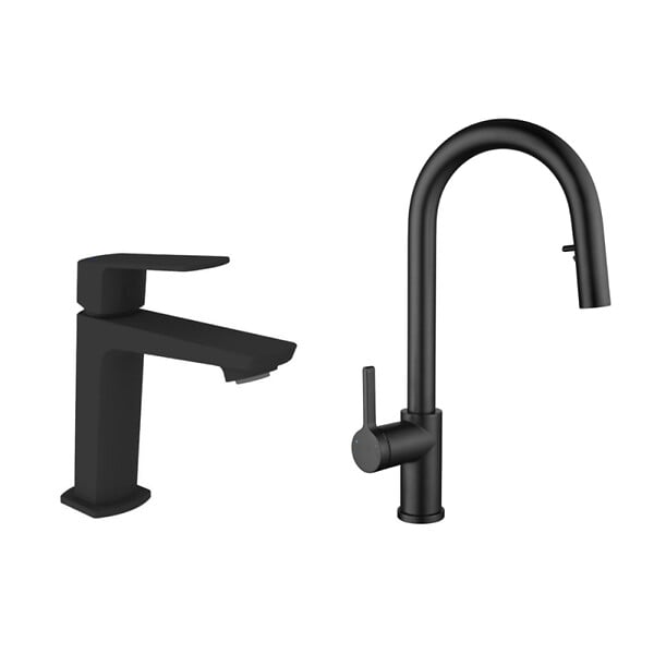 SWISS AQUA TECHNOLOGIES - Feel set mitigeur lavabo + mitigeur cuisine Ceramia Timeless acier inoxydable, douchette extractible, noir mat (SATCSFTML271BMC) - large