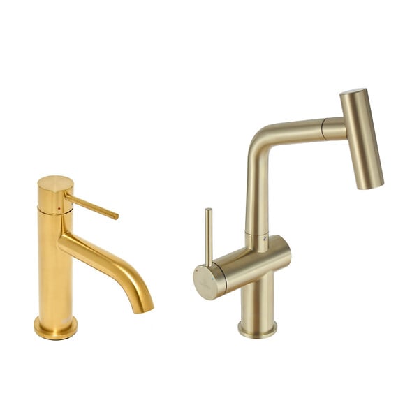 SWISS AQUA TECHNOLOGIES - Aurum mitigeur lavabo + mitigeur cuisine Ceramia Timeless acier inoxydable, douchette extractible, or brossé (SATTMLBA185BG) - large