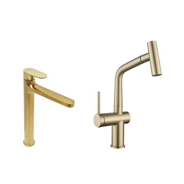 SWISS AQUA TECHNOLOGIES - Dark set mitigeur lavabo XL + mitigeur cuisine Ceramia Timeless acier inoxydable, douchette extractible, or (SATTMLDA1285BG) - large