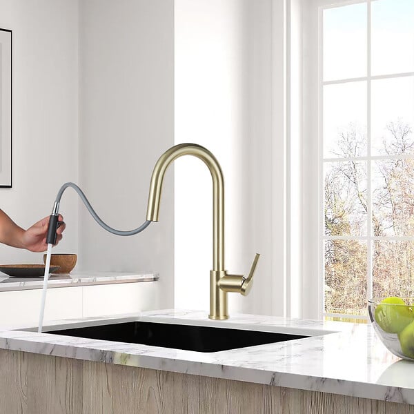 SWISS AQUA TECHNOLOGIES - Dark set mitigeur lavabo XL + mitigeur cuisine Ceramia TImeless acier inoxydable, douchette extractible, or (SATTMLDA285BG) - large