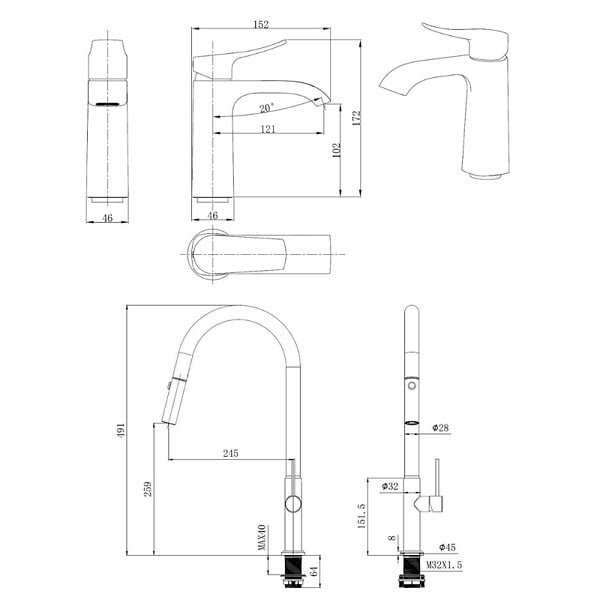 SWISS AQUA TECHNOLOGIES - set mitigeur lavabo avec bec cascade + mitigeur cuisine, douchette extractible et bras pivotant, chrome (SATINFBSDBS271) - large