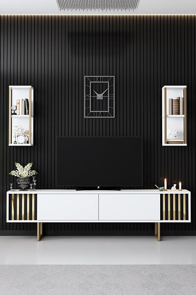 HABITAT ET JARDIN - Meuble TV en bois "Gold Line" - 180 x 30 x 48 cm - BlancNoir - large