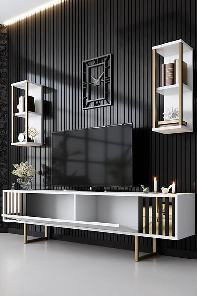 HABITAT ET JARDIN - Meuble TV en bois "Gold Line" - 180 x 30 x 48 cm - BlancNoir - large