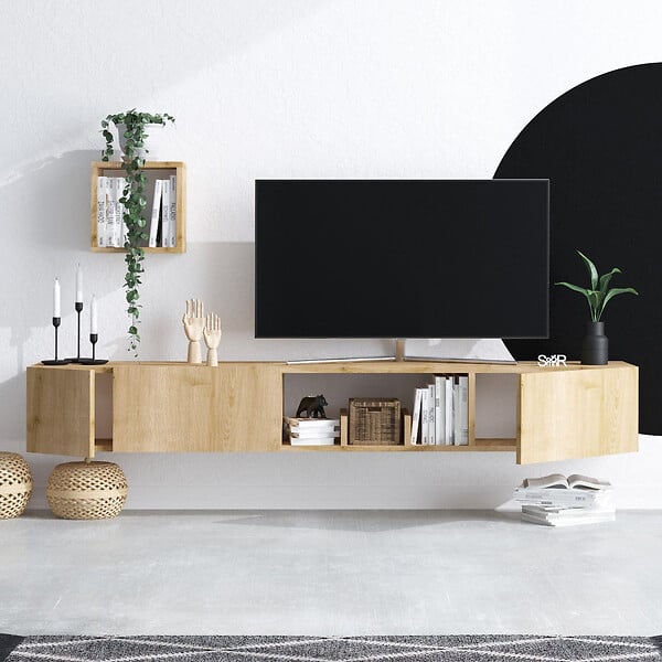 HABITAT ET JARDIN - Meuble TV avec étagère murale en bois "Avior" - 180 x 32 x 25 cm - Beige - large