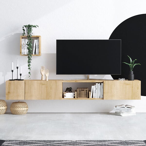 HABITAT ET JARDIN - Meuble TV avec étagère murale en bois "Avior" - 180 x 32 x 25 cm - Beige - large