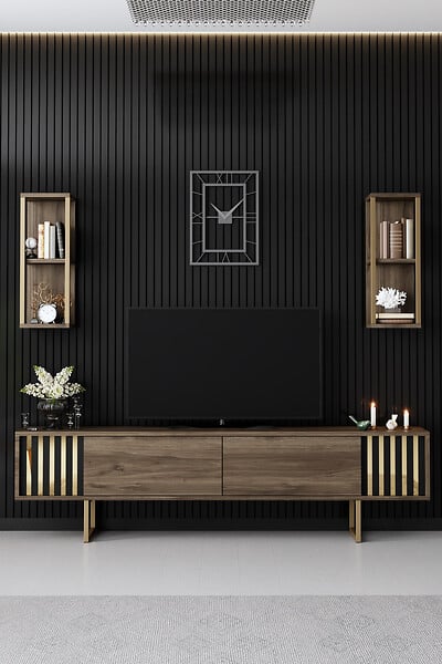 HABITAT ET JARDIN - Meuble TV en bois "Gold Line" - 180 x 30 x 48 cm - NoyerNoir - large