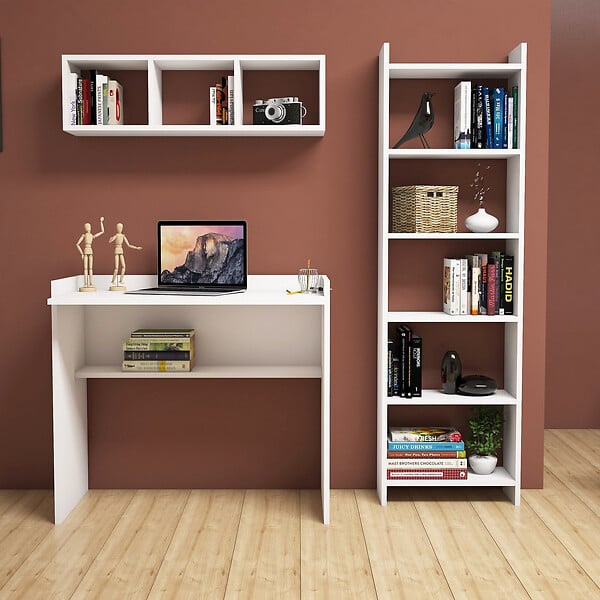 HABITAT ET JARDIN - Bureau d'étude avec bibliothèque et étagère murale en bois "Matilda" - 90 x 58 x 80 cm - Blanc - large