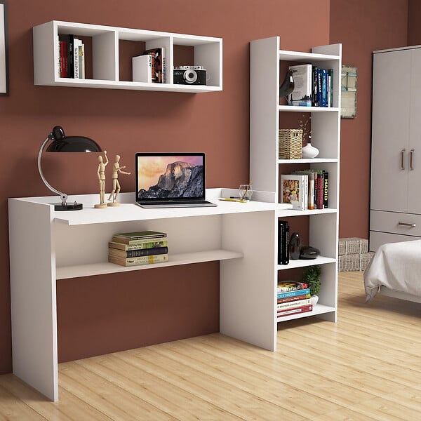 HABITAT ET JARDIN - Bureau d'étude avec bibliothèque et étagère murale en bois "Hera" - 118 x 58 x 80 cm - Blanc - large