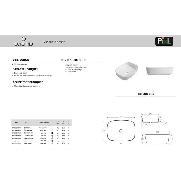 CERAMIA - Ceramia Vasque à poser rectangulaire 50 x 37,5 x 13,5 cm sans trop-plein blanc mat PixL (CEPX4937WM) - large