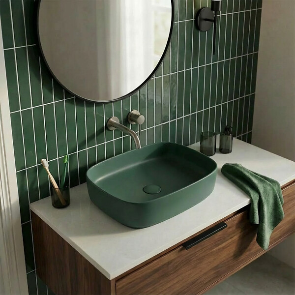 CERAMIA - Ceramia Vasque à poser rectangulaire 50 x 37,5 x 13,5 cm sans trop-plein vert mat PixL (CEPX4937GEM) - large