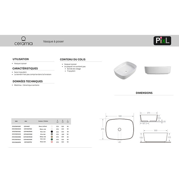 CERAMIA - Ceramia Vasque à poser rectangulaire 50 x 37,5 x 13,5 cm sans trop-plein vert mat PixL (CEPX4937GEM) - large