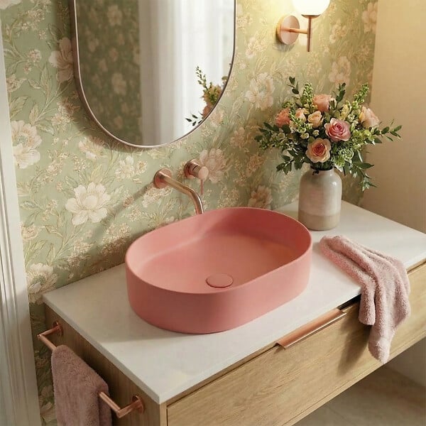 CERAMIA - Ceramia Vasque à poser ovale 50 x 36,5 x 12 cm sans trop-plein rose mat PixL (CEPX5037PM) - large