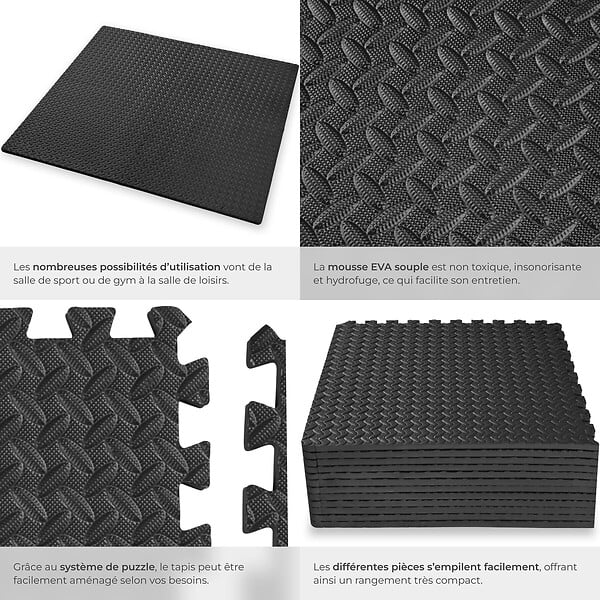 TECTAKE - Ensemble de 12 Dalles Carrées EVA - Tapis de sol, Sport noir - large