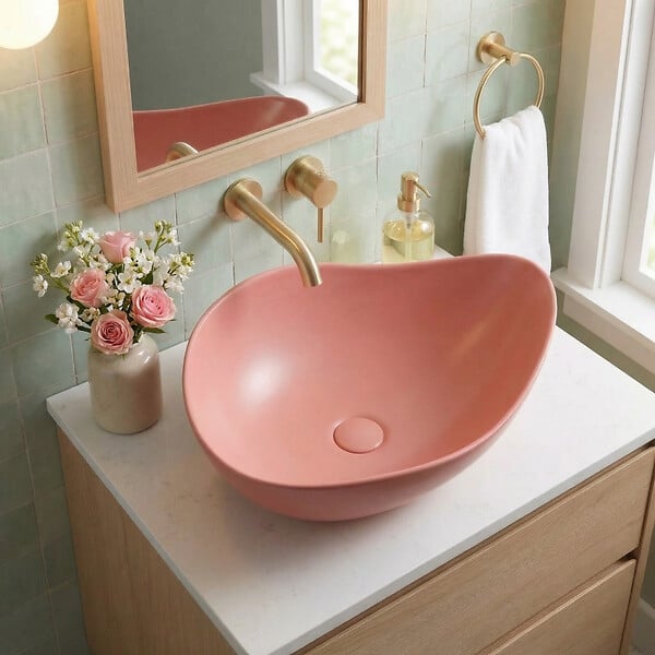 CERAMIA - Vasque à poser design asymétrique 50,5 x 38 x 19 cm sans trop-plein rose mat PixL (CEPX5038PM) - large