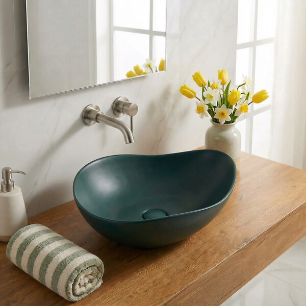 CERAMIA - Vasque à poser design asymétrique 50,5 x 38 x 19 cm sans trop-plein vert mat PixL (CEPX5038GEM) - large