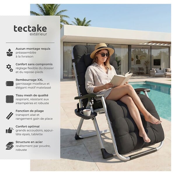 TECTAKE - Chaise longue pliable CLOUD réglable en continu noir - large