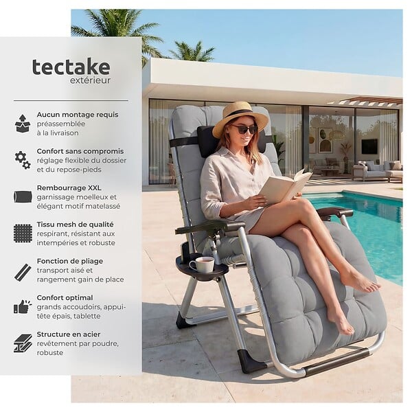 TECTAKE - Chaise longue pliable CLOUD réglable en continu gris clair - large