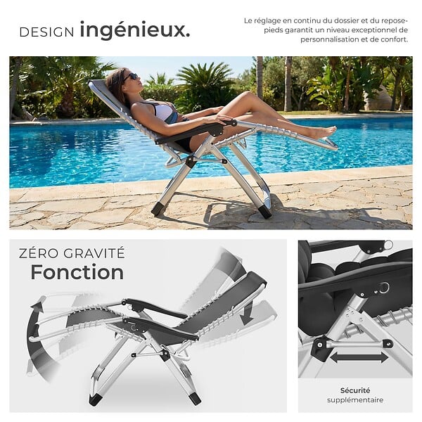 TECTAKE - Chaise longue pliable CLOUD réglable en continu gris clair - large