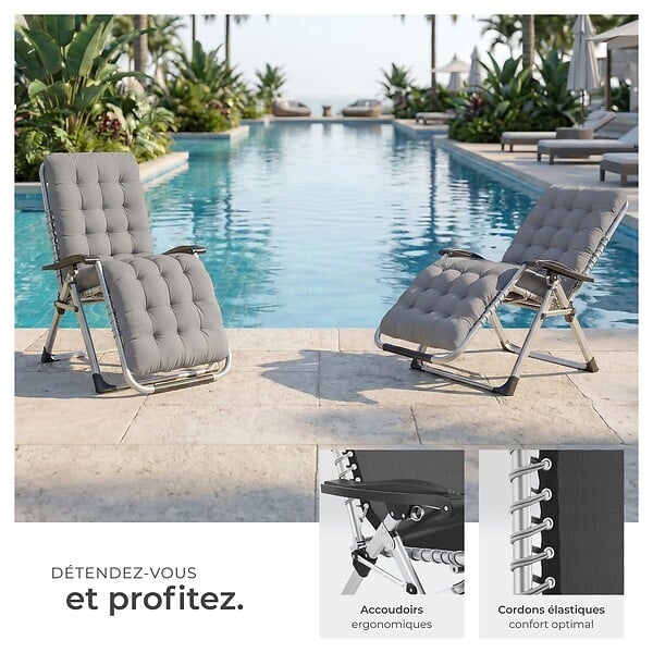 TECTAKE - Chaise longue pliable CLOUD réglable en continu gris clair - large