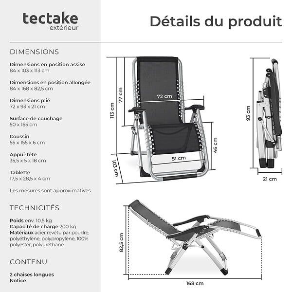 TECTAKE - Chaise longue pliable CLOUD réglable en continu gris clair - large