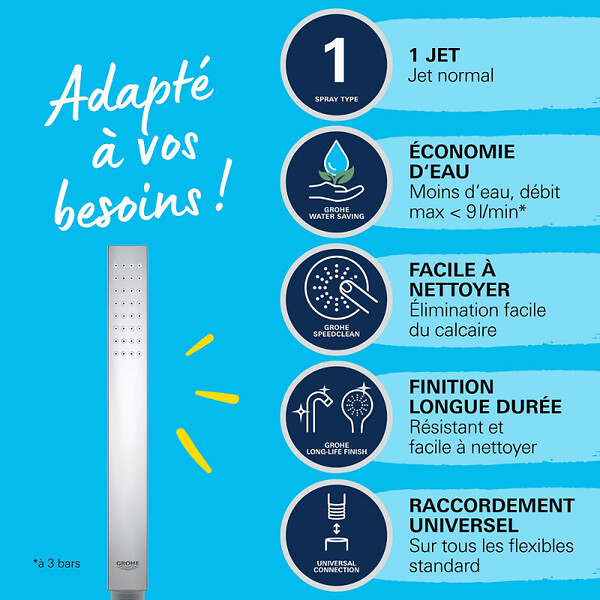 GROHE - Douchette 1 jet Vitalio Joy Cube Stick chromé avec flexible 150 et support carré - large