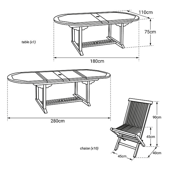 HAPPY GARDEN - Salon de jardin en teck LOMBOK - table ovale extensible - 10 places - large