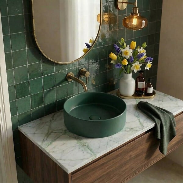 CERAMIA - Ceramia Vasque à poser ronde 36 cm hauteur 12,5 cm sans trop-plein vert mat PixL (CEPX3636GEM) - large